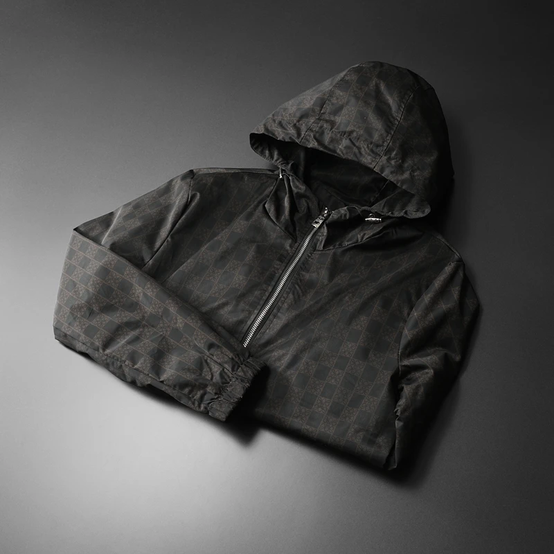 

Korean style slim fit hooded jacket, fashionable checkered printed sports hooded thin jacket, men's slim fit jacket