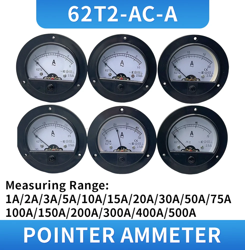 

62T2 AC 1A 2A 3A 5A 10A 15A 20A 30A 50A 75A Analog Panel Ammeter Gauge Ampere Current Meter 62T2 2.5% Tolerance