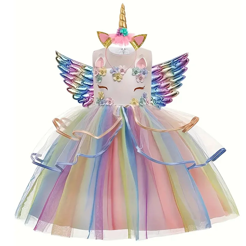 Dreamy Girl Embroidery Sleeveless Unicorn Mesh Princess Dress With Hair Hoop Wing For Kids Party Performance Birthday Gift 2-10T