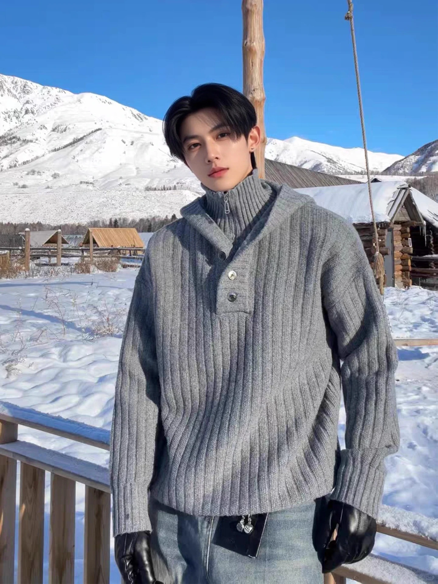 

Мужской вязаный свитер-имитация двойки с капюшоном, свободный крой, теплый, толстый, зимний, модный, в стиле Baddie, на молнии, для повседневного образа