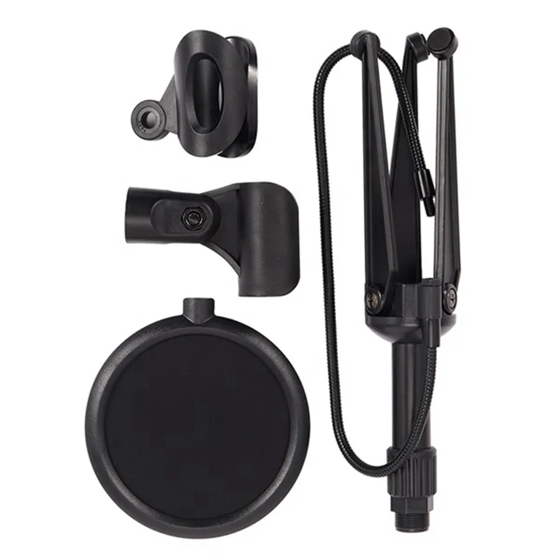 1Set Dual Mesh Filter And Screw Adapter Adjustable Shock Isolation Metal Microphone Stand Tripod Black-B60B