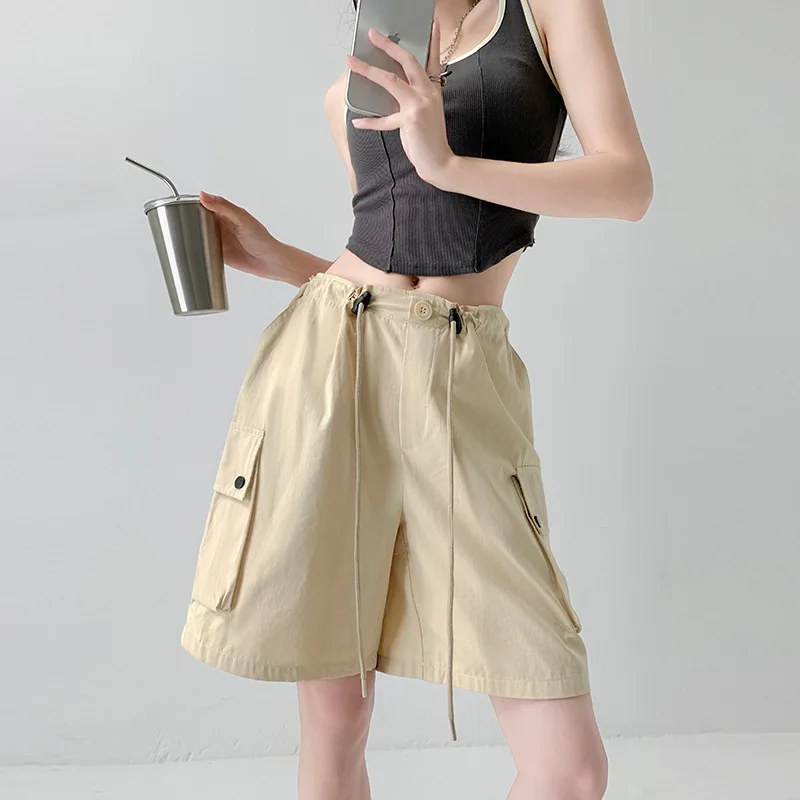 Women's pure cotton washed shorts, summer new loose straight leg work pants, casual spicy girl wide leg sports shorts