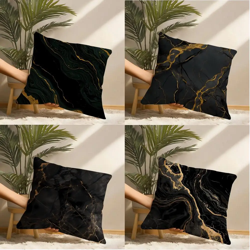 Black Gold Fluid Marble Cushion Cover Natural Linen Organic Fabric Double-Sided Printing Sofa Home Decor Gift Pillow Cover