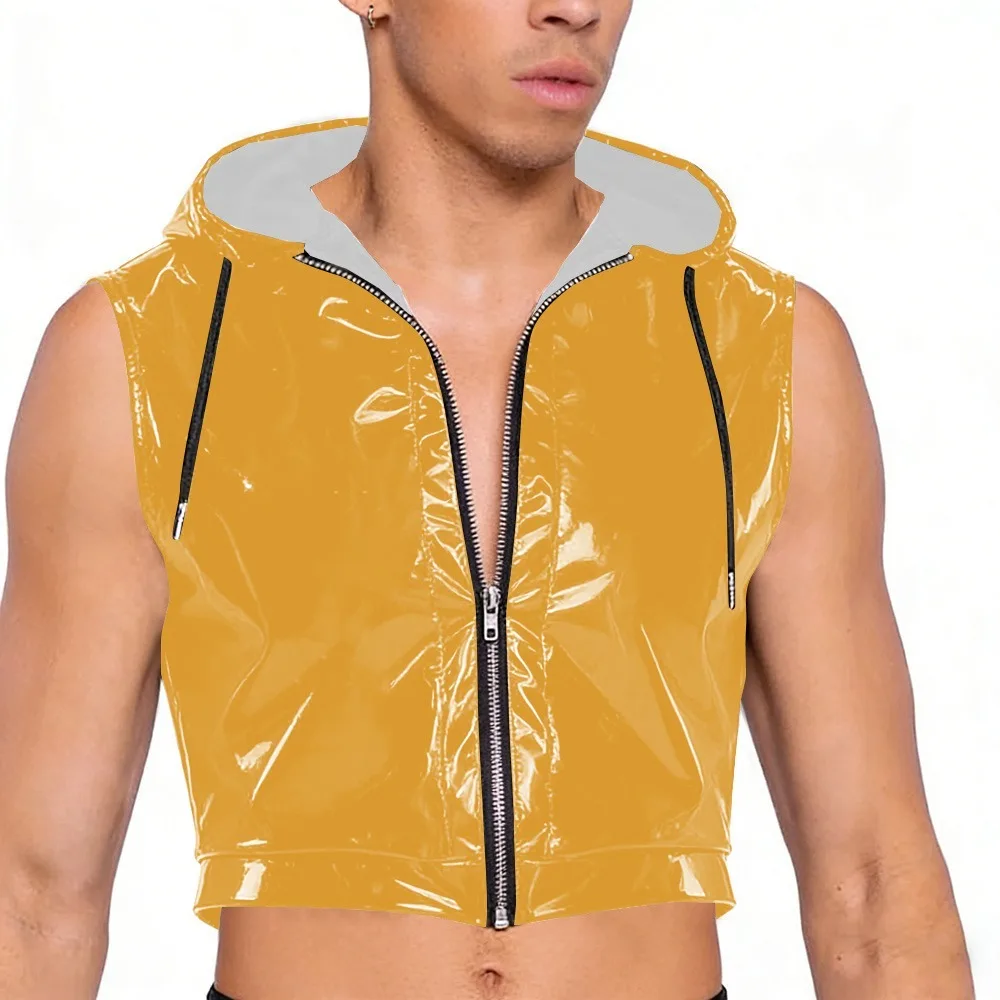 Wet Look PVC Leather Crop Tops for Mens Shiny Vinyl Leather Zipper Tank Vest Male Pole Dance Clubwear Croptop Cropped Jackets