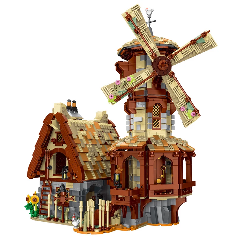 2808 Stück die mittelalter liche Windmühle Stadt Markt Schmiede Stadt Retro Haus Straßen ansicht blockiert Modellbau Spielzeug Ziegel für Kinder Geschenk