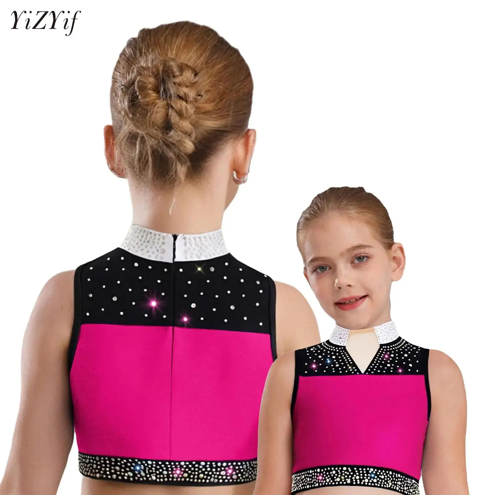 

Girls Modern Lyrical Dance Top Kids Figure Skating Gymnastics Latin Ballroom Dancing Costume Glittery Rhinestone Crop Vest
