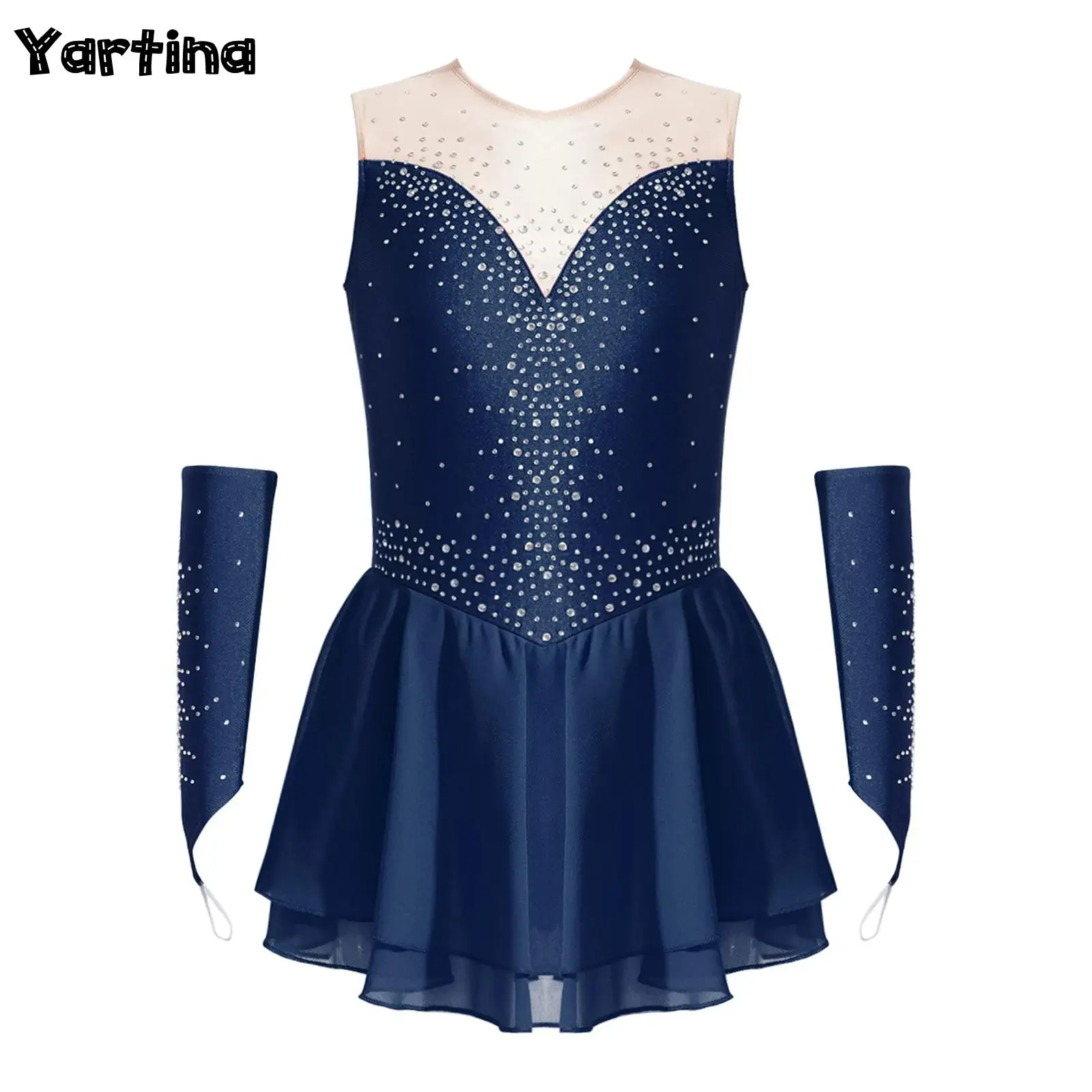 Kids Girls Artistic Figure Skating Ballet Lyrical Dance Outfit Glittering Rhinestone Rhythm Gymnastics Dance Dress with Gloves