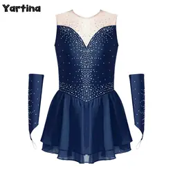 Vestido de Patinação Artística Feminina, Ballet Roupa De Dança Lírica, Strass Brilhante Ritmo, Vestido De Ginástica com Luvas