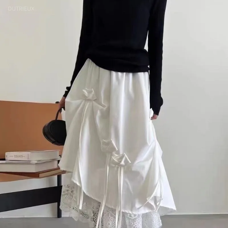 Bows Woman Skirts Irregular Solid Spring Autumn Long Skirt Japanese Style Vintage Fashion High Waist Faldas Mujer