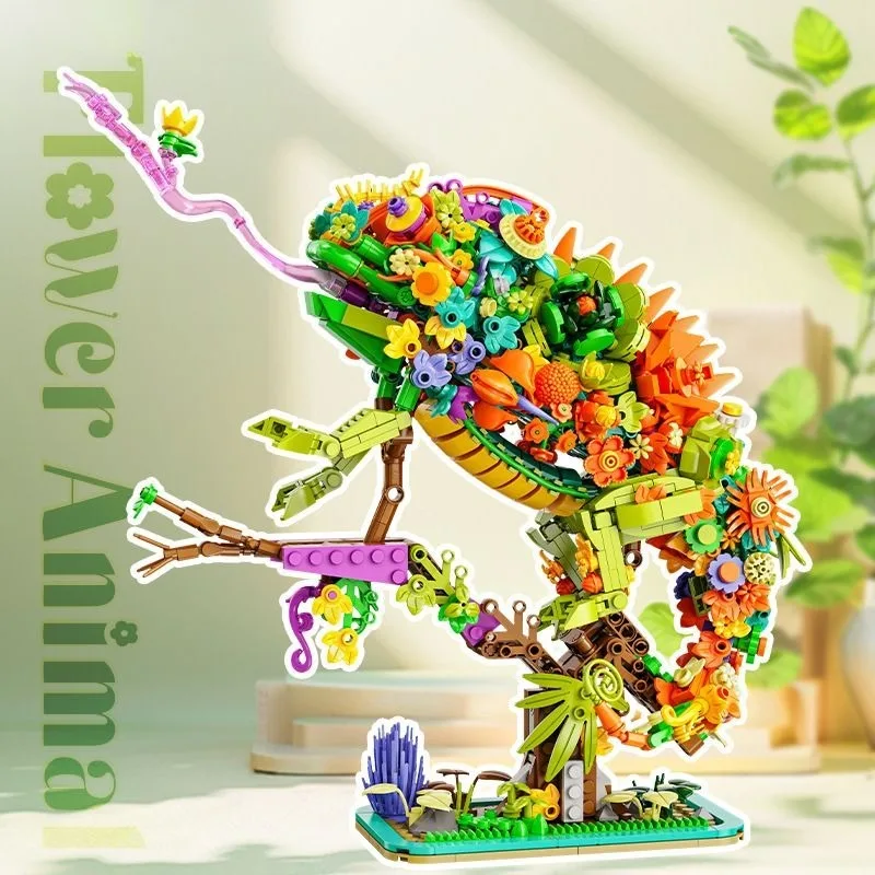 Build the Chameleon of Life Flower Stories, Rhinoceros Fairy Parrot Educational Assembly Decoration Building Blocks