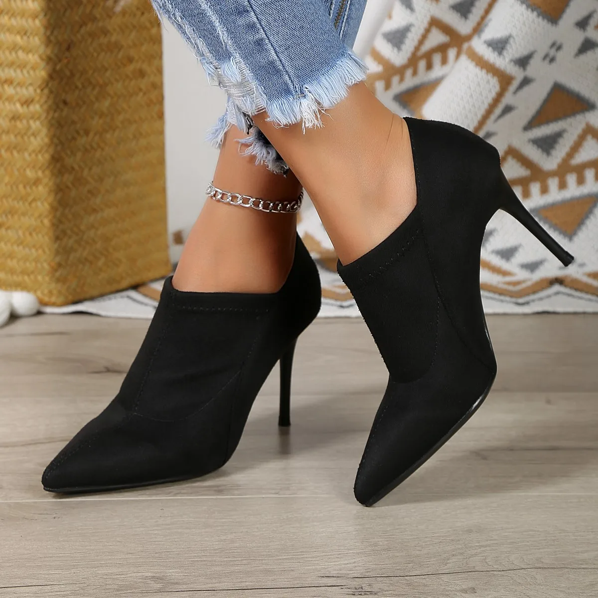 

Women Boots Short High Heels Shoes for Women Autumn Winter Botas Mujer Knitted Ankle Boots Black Sock Women Heels Boots Female