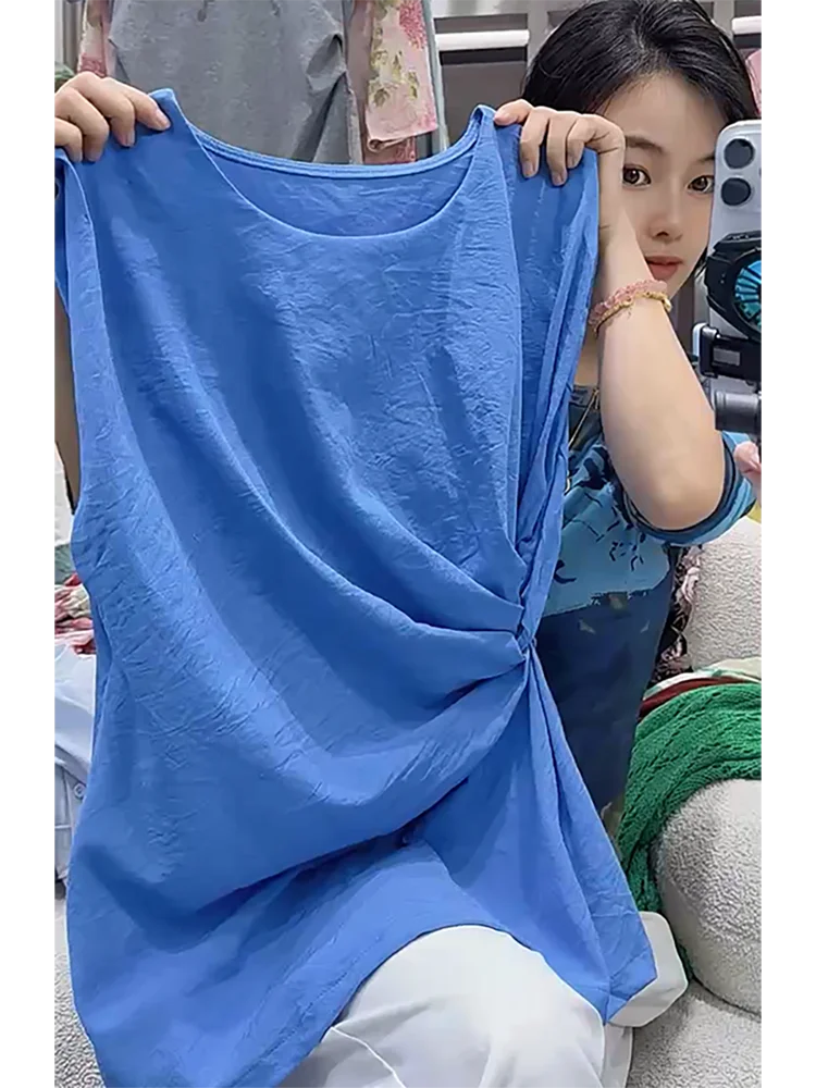 

Корейский Sle Нежный свободный большой размер для похудения круглый Ne Svel irt Лето 2025 Повседневная одежда для всего тела pes