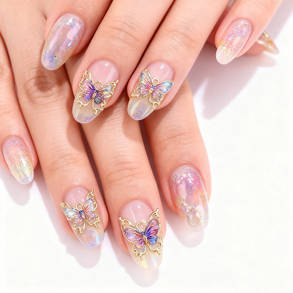 10pcs Butterflies Nail Decoration Shiny Stereoscopic Nail Charm Art 3D Stereoscopic Visual Effect Gradient Iridescent Butterflie