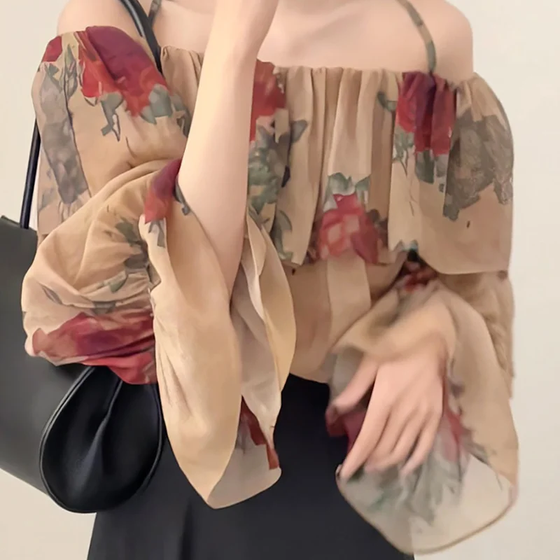 Women Summer Korean New Hanging Strap Chiffon Shirt Fashion Design One Shoulder Printed Ruffle Edge Versatile Flare Sleeve Tops