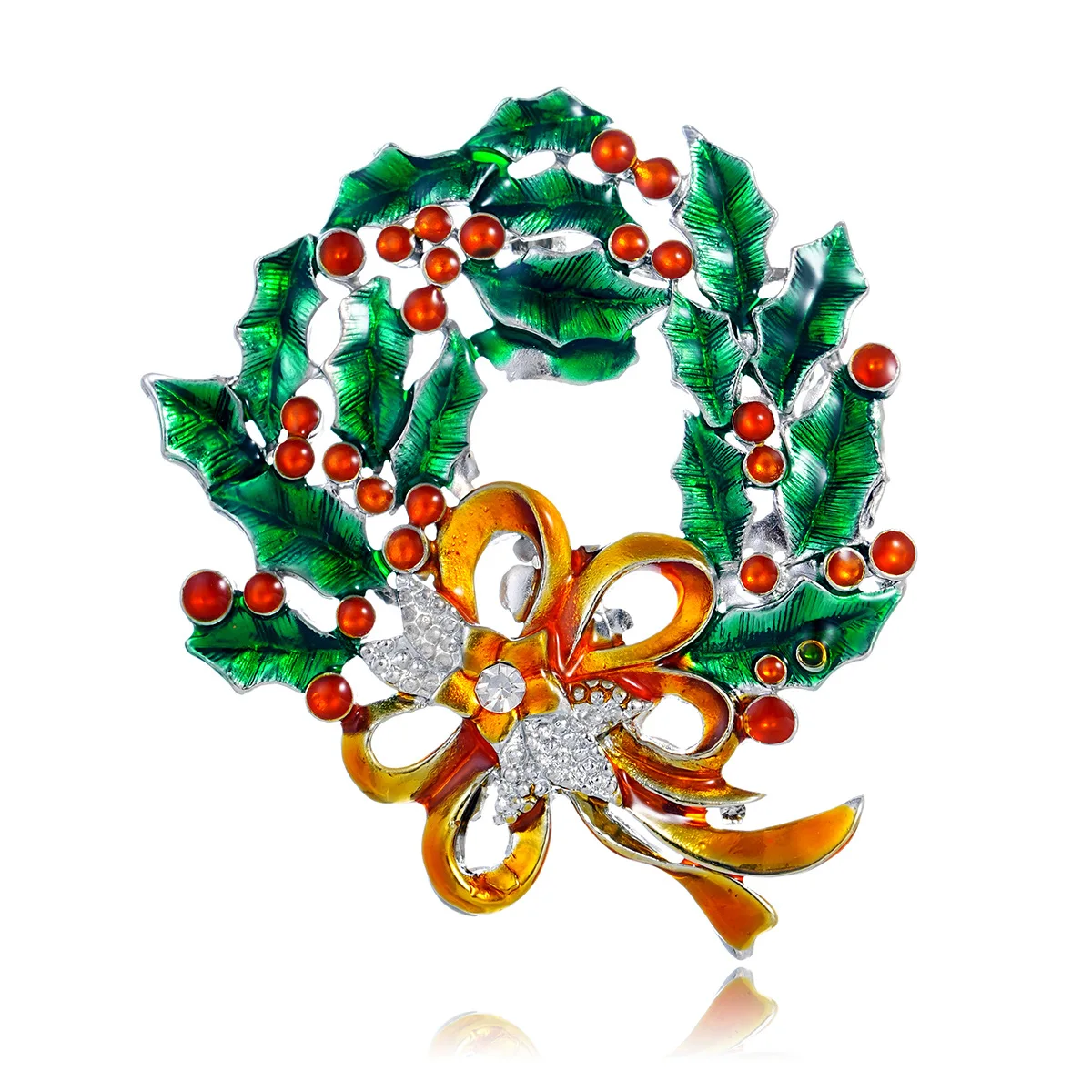 Cross-border hot-selling Christmas wreath brooch, enamel drip bow with diamond corsage jacket clothing accessories collar pin