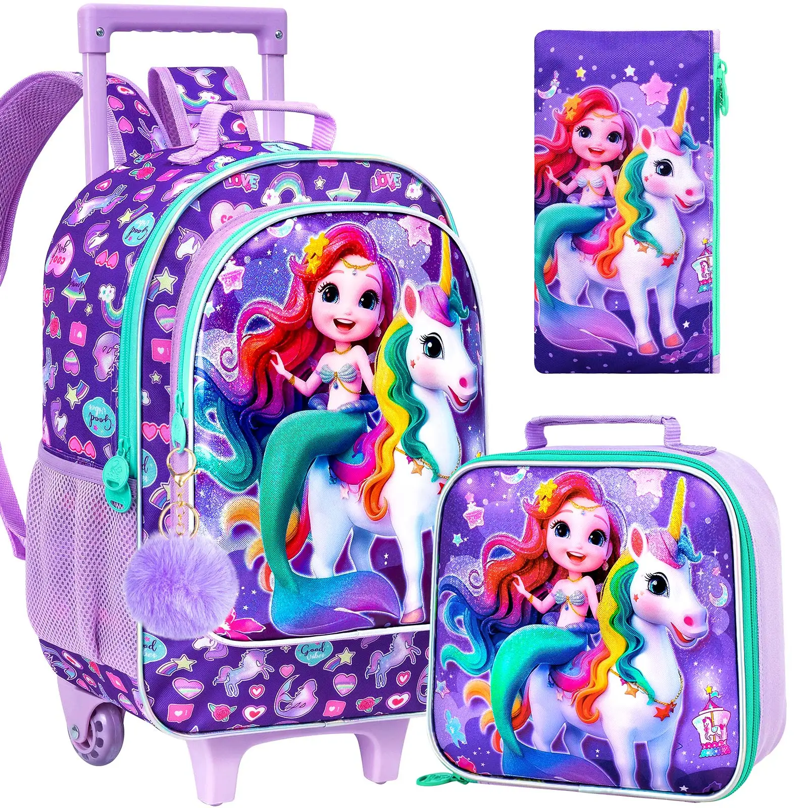 3PCS Girls Rolling Bookbag, Cute Kids Mermaid Wheeled Backpack，Roller School Bag with Wheels for Elementary Preschool Travel