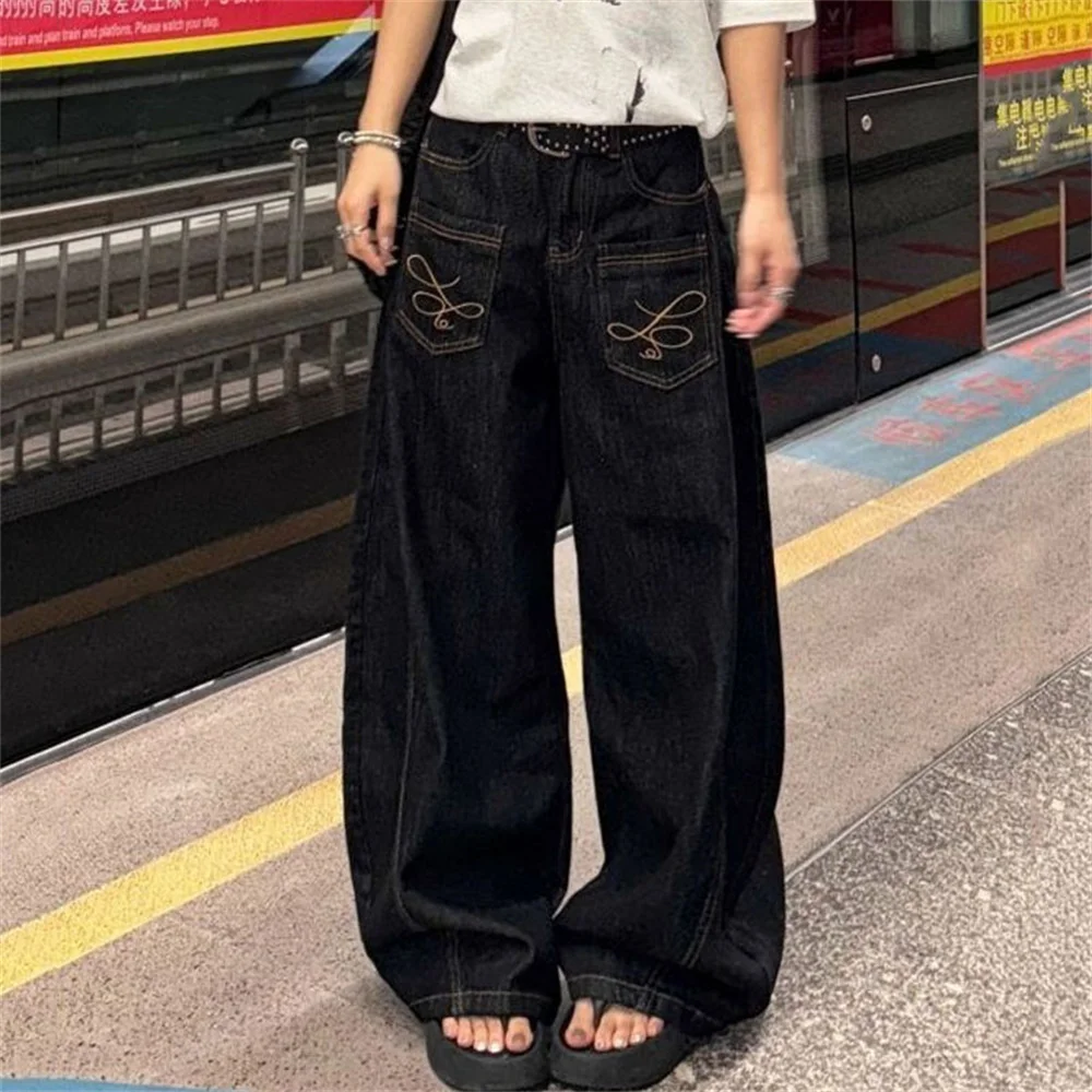 Mulheres vintage bordado preto gótico y2k baggy jeans 2025 outono harajuku estética 2000s denim calças streetwear roupas