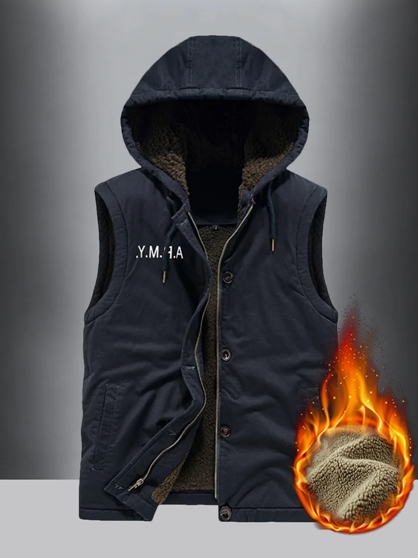 

Retro American Waed Pure Cotton Fce Lined Hooded Vest Men's Warm Wear Resistant Cotton Workwear Sle Zipper Closure