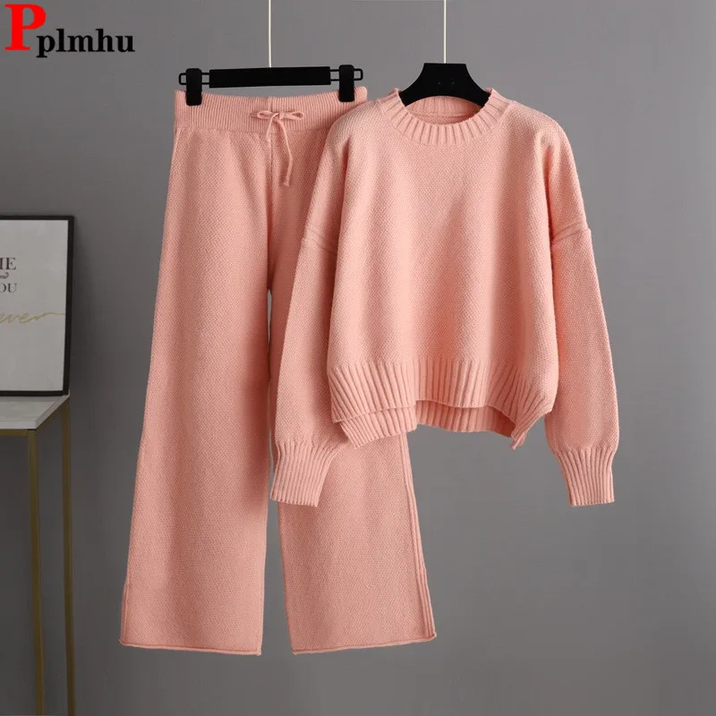 Chic Casual Knitted 2 Pieces Sets Women O-neck Knitwears Sweater Pullover Tops Conjuntos Korean High Waist Wide Leg Pants Outfit