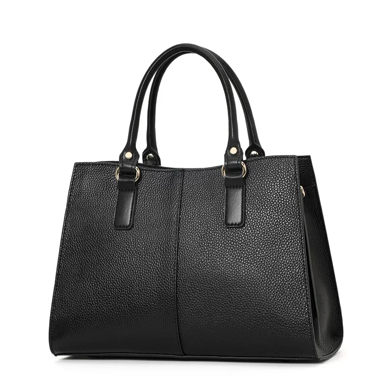 Aidrani Genuine Leather Cowhide Women\'s Bag Fashion Letter Black Handbag Tote Bag Shoulder Large Capacity Ladies\' Bag