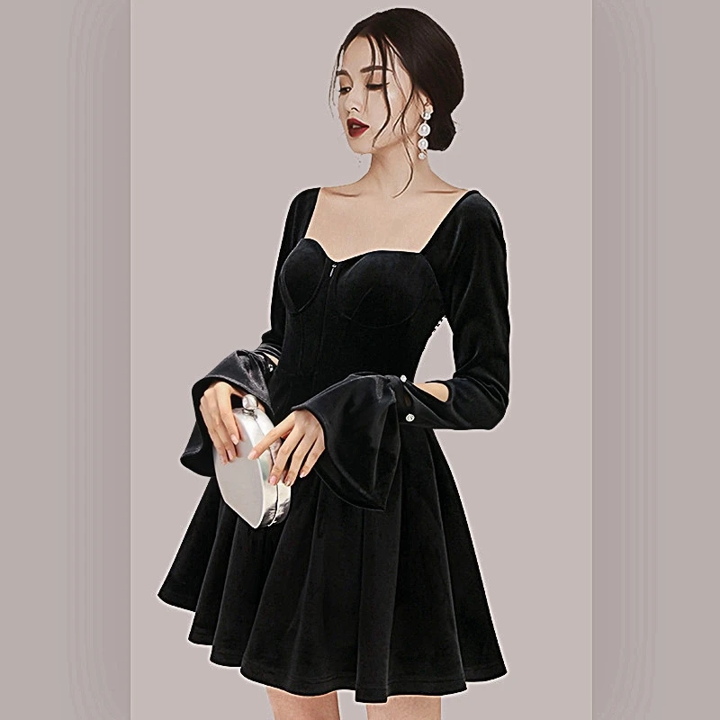 

Women's Black Spring Dress 2023 New Ladies Flare Sleeve Vintage Design Elegant Temperament Dinner Dress