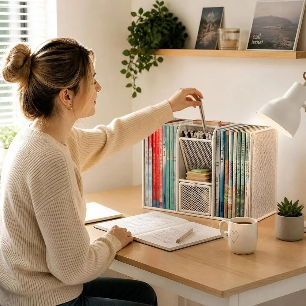 Metal Desk Book Rack Multi-Compartment Pull-Out Drawers Book Storage Rack Mesh Structure with Pen Holder and Pull-Out Drawers