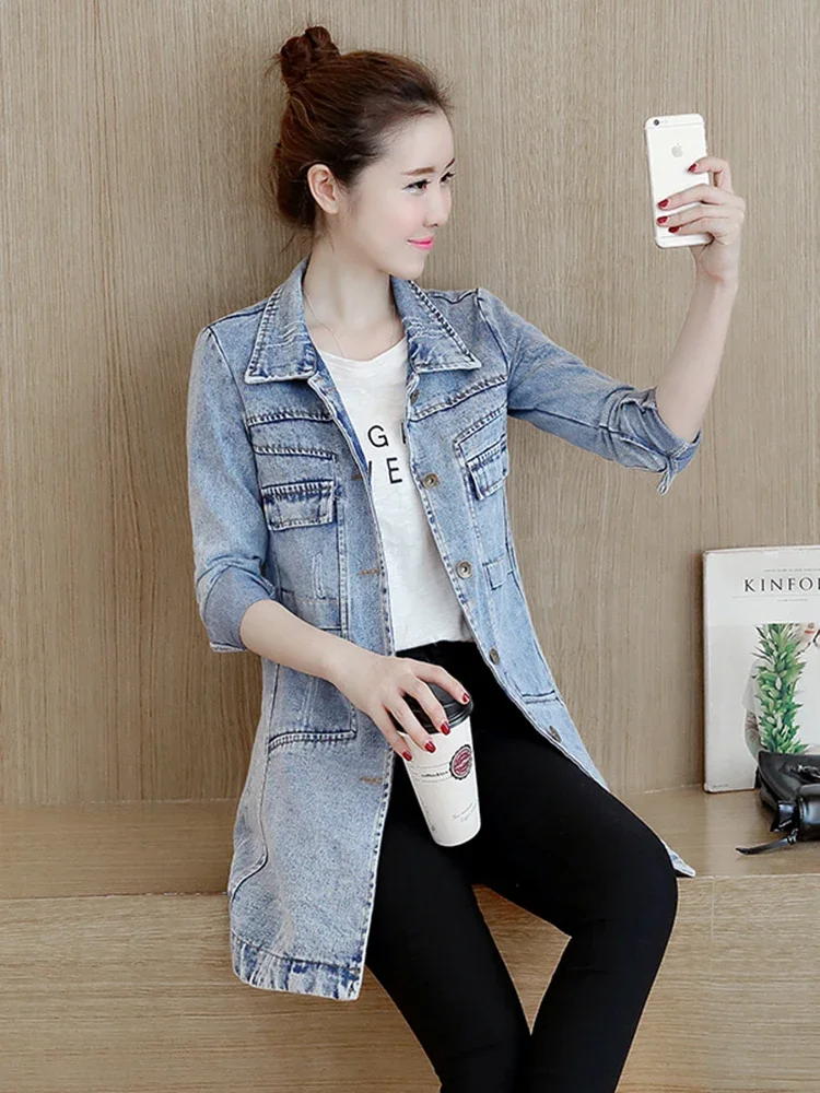 Autumn Women Denim Jacket Fashion Ripped Female Jean Long Coat Koran Cotton Slim Long Sleeve Blue Outwear 5XL