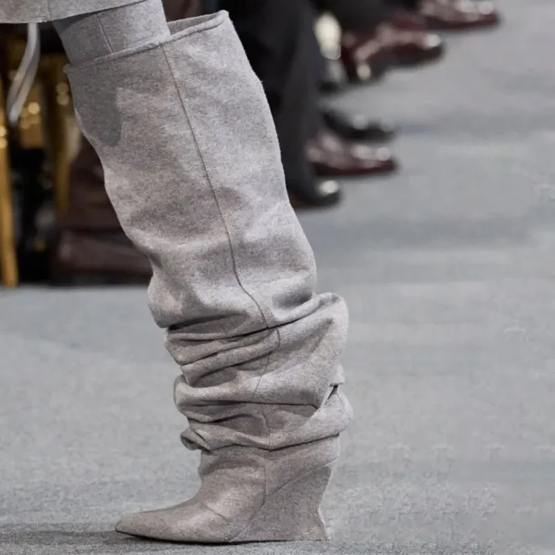2026 Spring/Summer Women's Boots Women's Wedge Heel 7.5 cm High Heels Knee Length Cool Boots Slant Heel Fashion Show Large Size