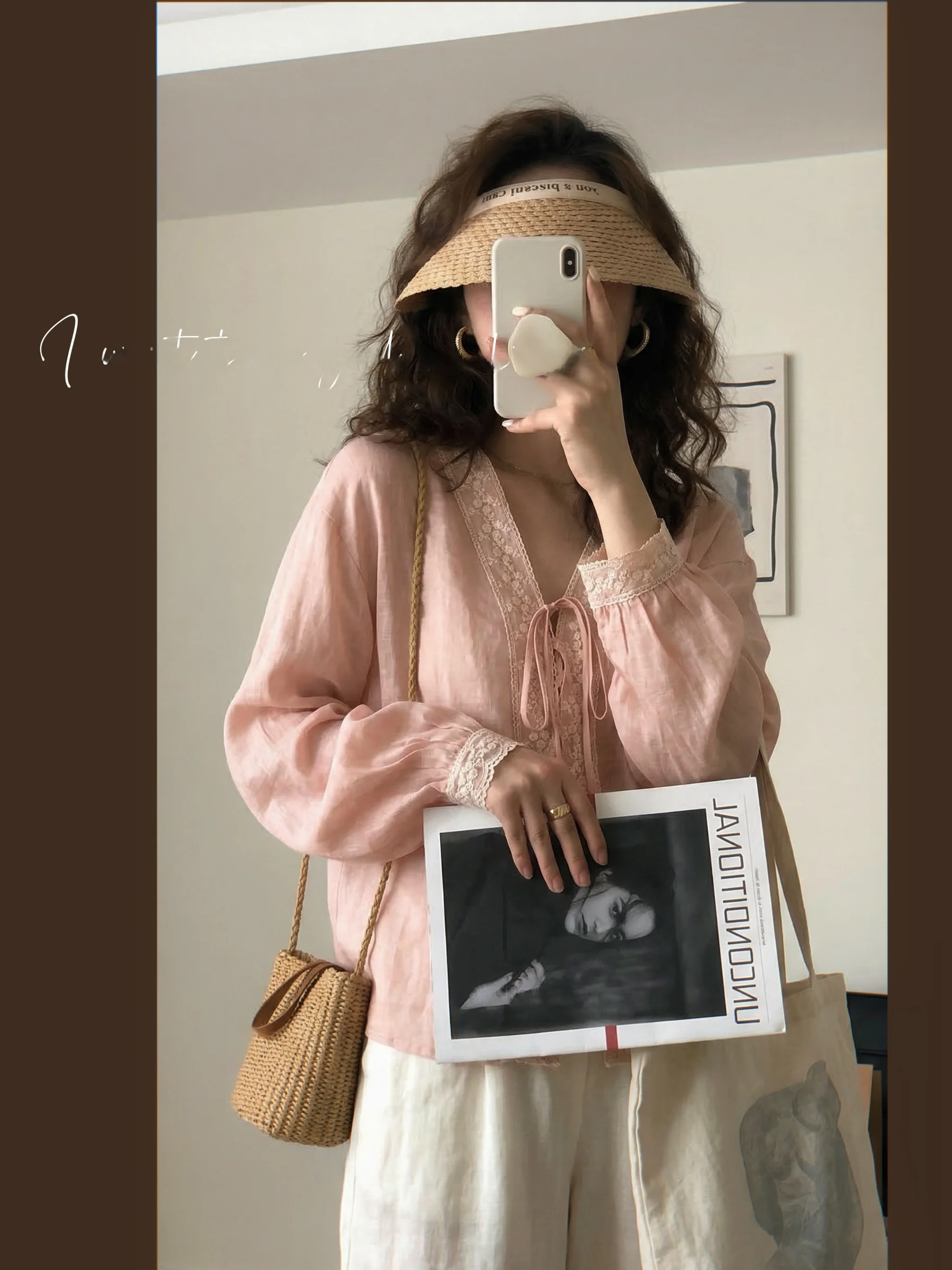 

Loose Linen V-neck Lace Patchwork Women's Shirt Lazy Style Top Breathable Comfortable Spring Long Sleeve Button Closure