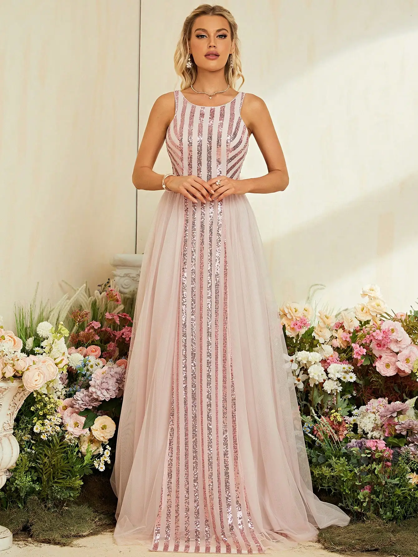 Mgiacy gestreifte Pailletten Patchwork Mesh Rücken riemen ein voller Rock Abendkleid Ballkleid Party kleid Brautjungfer kleid