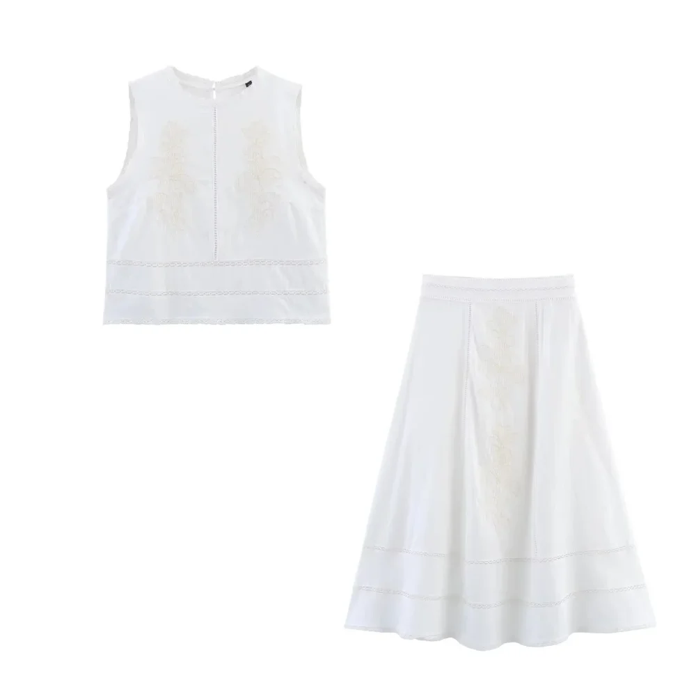 

KONDALA осенний женский шикарный повседневный однотонный комплект, белый кружевной топ с вышивкой и круглым вырезом, комплект с юбкой, новинка 2025 года, весна-лето, модный праздничный комплект