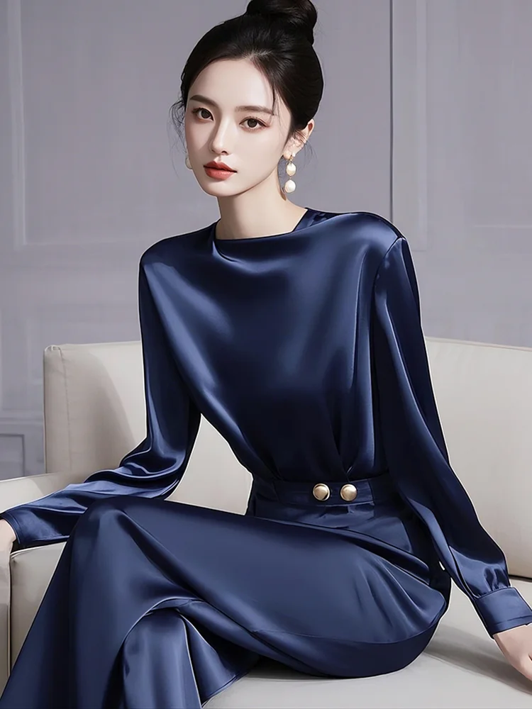 

Fashion Elegant Blue Satin Suit Vintage Long Sleeve Slim Fit Top for Women+ High Waist Loose Straight Wide Leg Pants