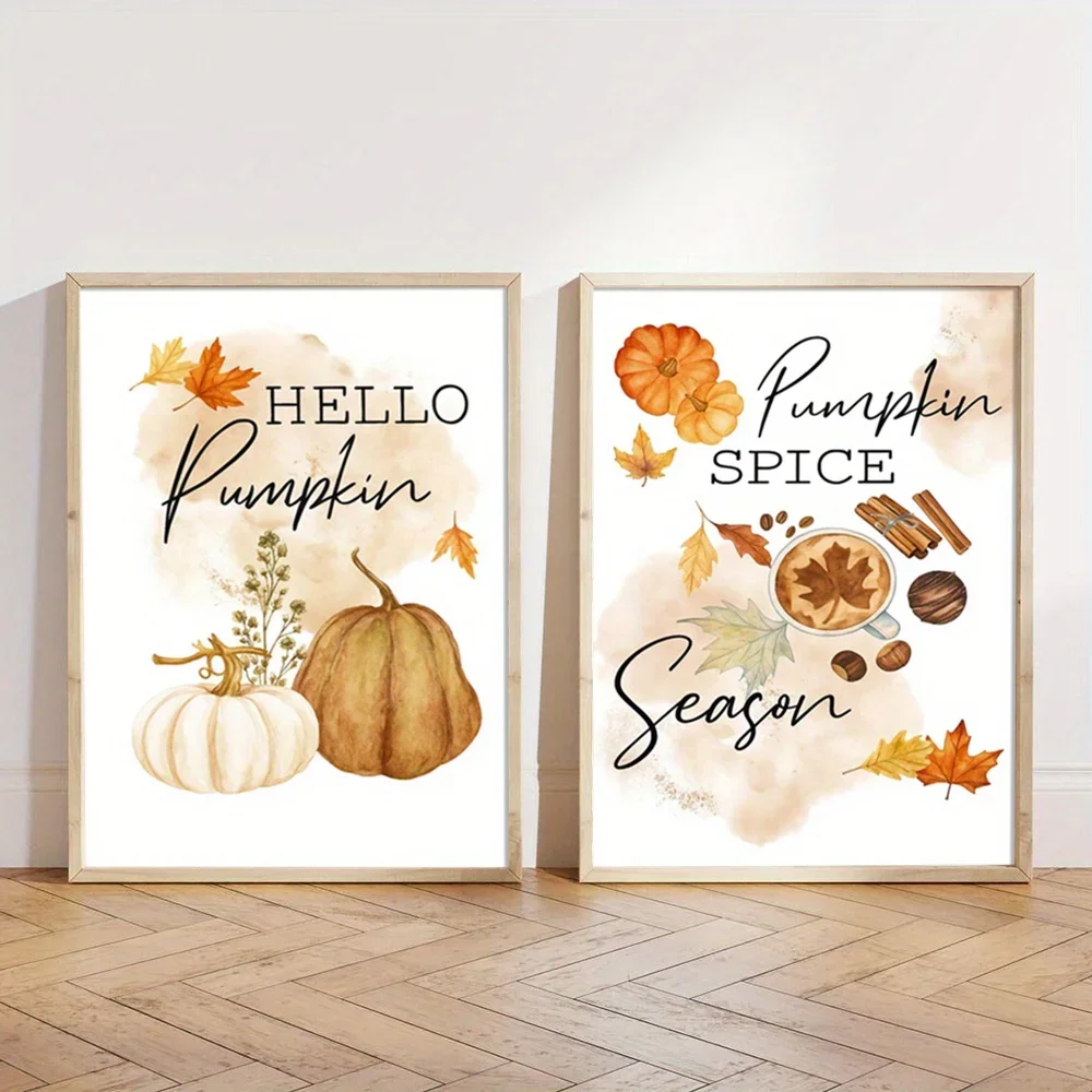 Canvas Painting 2pcs frameless  2pcs Minimalist Pumpkin Autumn Wall Art Pieces  The Living Room, with Harvest-themed Prints, As