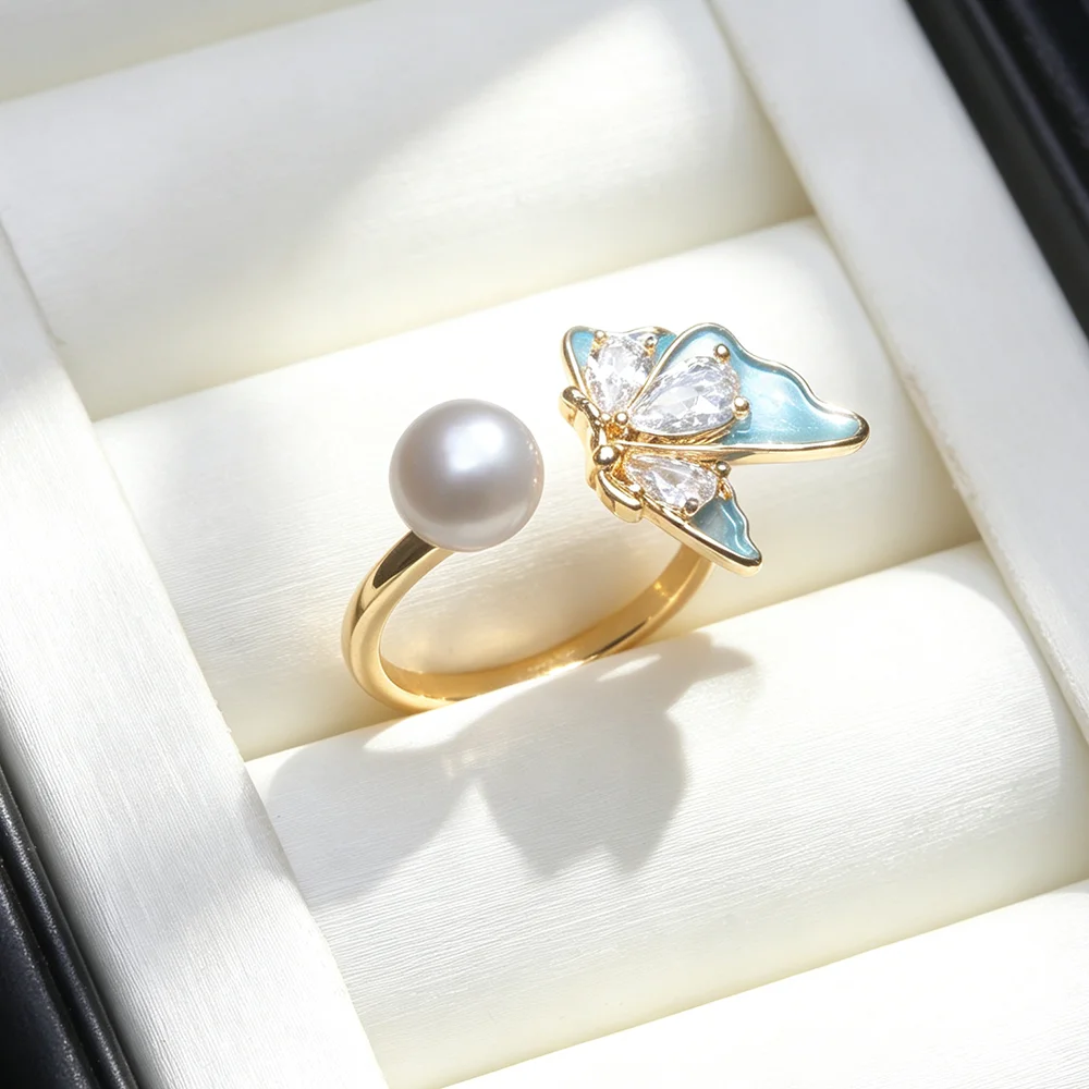 Echte Süßwasser-925-Silber-Perlenringe, Verstellbar, Niedlicher Blauer Ring mit Echten Perlen, Geburtstagsgeschenk für Mutter oder Ehefrau, Weiß Schwarz – Detail 3
