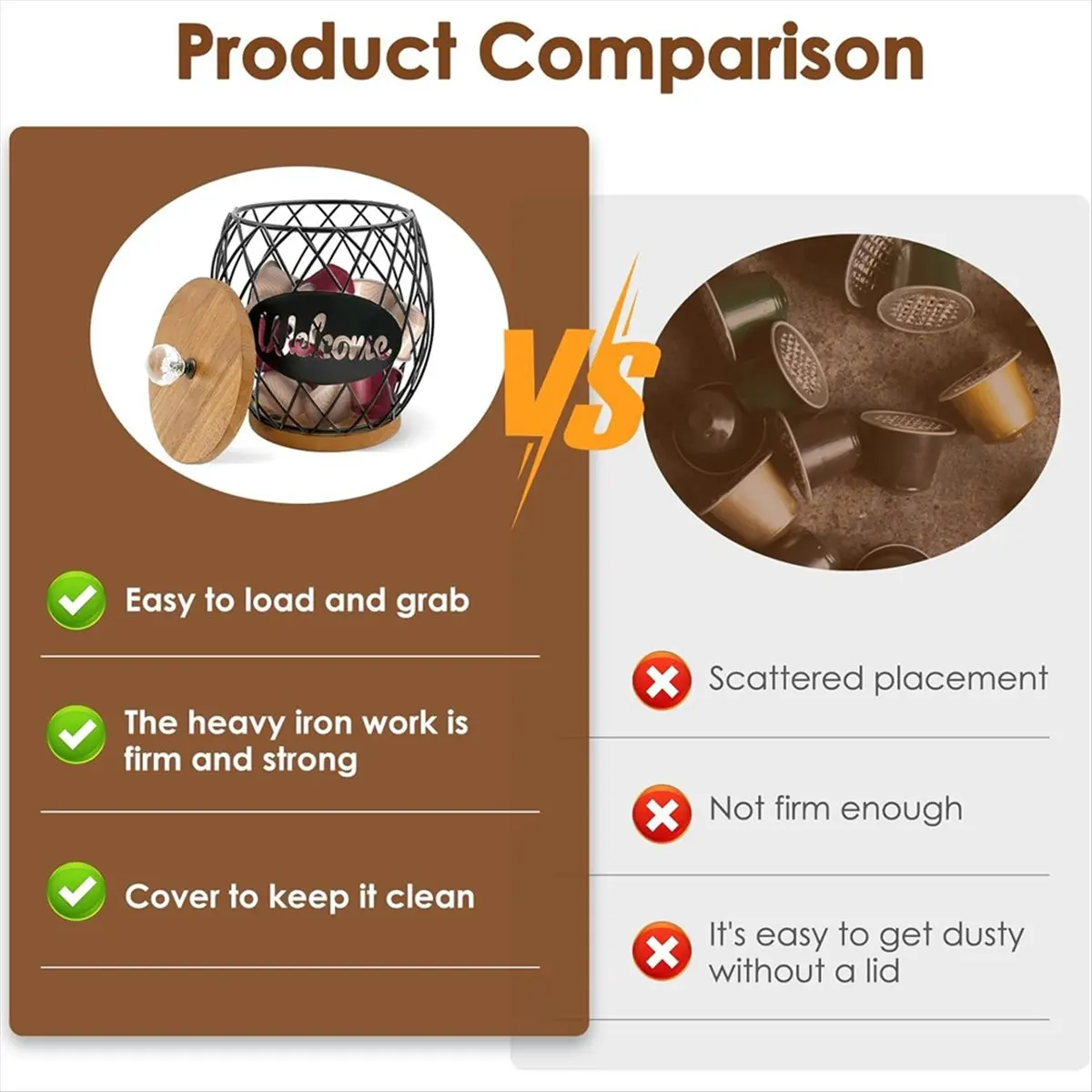 N14R Top Coffee Pod Holder with Lid, Large Capacity Coffee Pod Storage Basket, Round Iron Coffees Pods Basket Holder