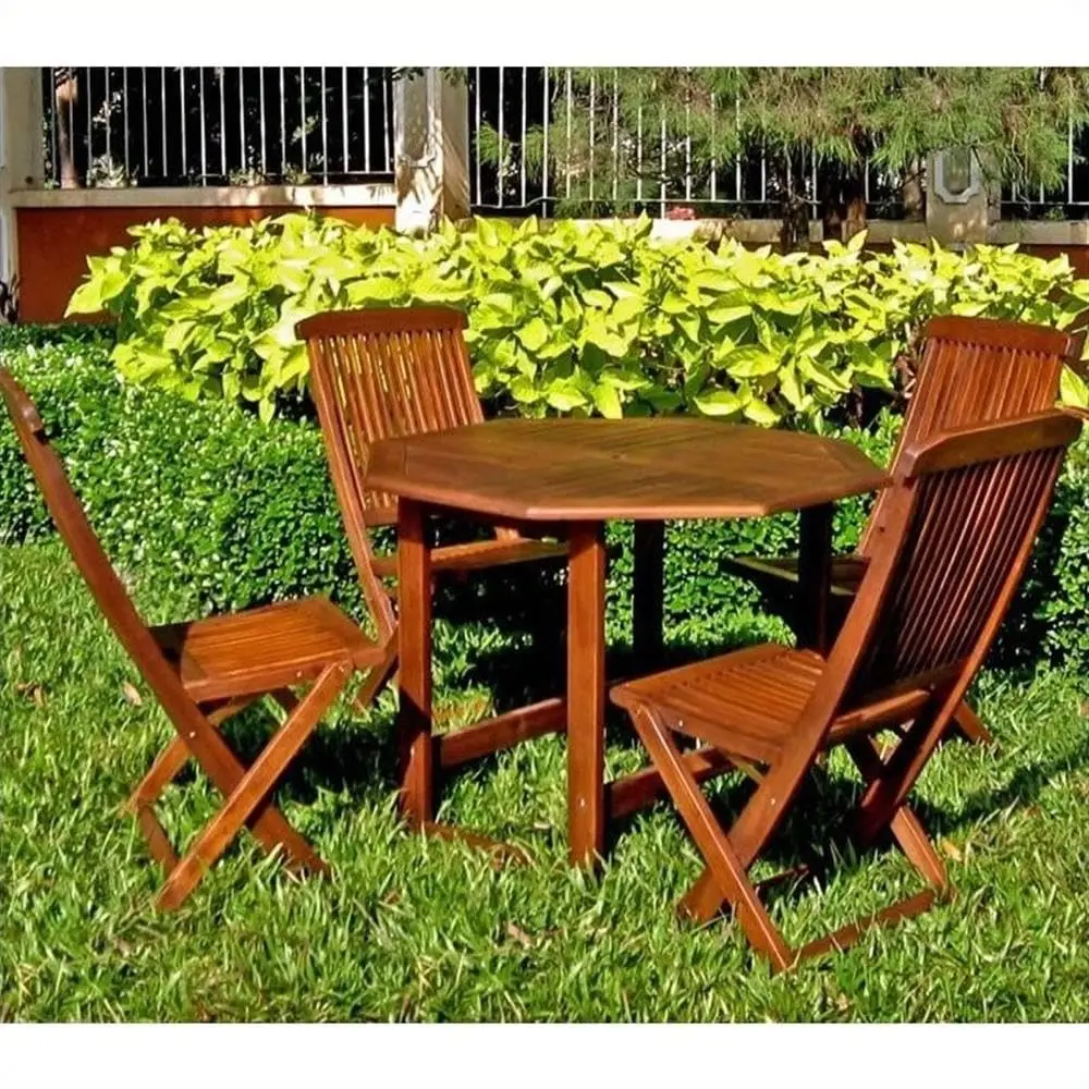 5 Piece Wood Patio Dining Set, Acacia Hardwood, All-Weather Finish, UV Protection, Folding Chairs and 38 in Round Table with Umb