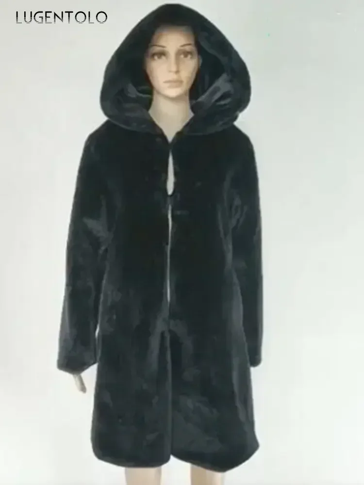 Cappotto di pelliccia sintetica nera da donna inverno Streetwear moda di grandi dimensioni sciolto Famale con cappuccio spessa giacca di Cardigan di pelliccia calda panno elegante