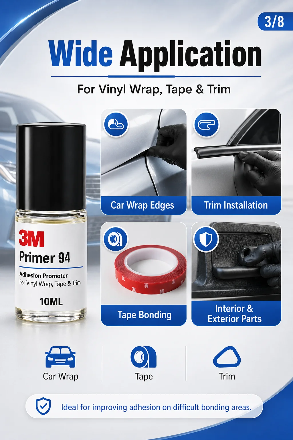Original 3M Primer 94 Haftvermittler 10ml Nachfüllpackung Starke Haftung für Auto-Folierung Kunststoff- und Metalloberflächen – Detail 3