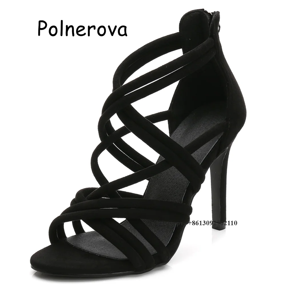 

Peep Toe Sandals Hollow Thin High Heels Cross Tied Women's Shoes Summer Sexy Casual Back Zipper Ladies Dress Luxury Roman Sandal