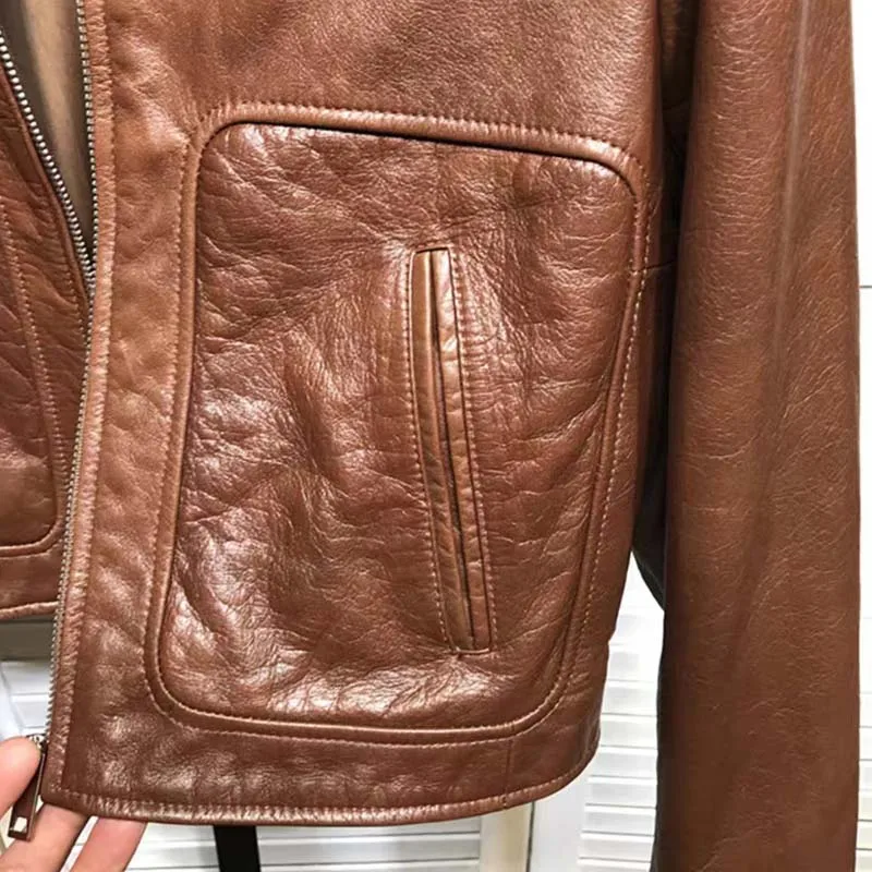 Genuine Leather Jacket Turn-Down Collar New Fashion Women Coat Spring Retro Craft Style Long Sleeve Brown Pocket Decoration