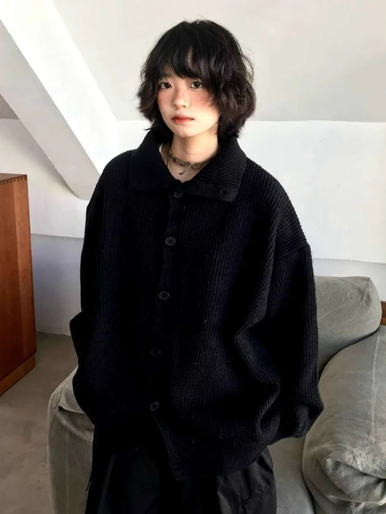 

Harajuku Y2K Gray Cardigan Women Lazy Wind Long Sleeve Vintage Knitted Sweaters Japan Loose Streetwear Casual Black Retro Tops