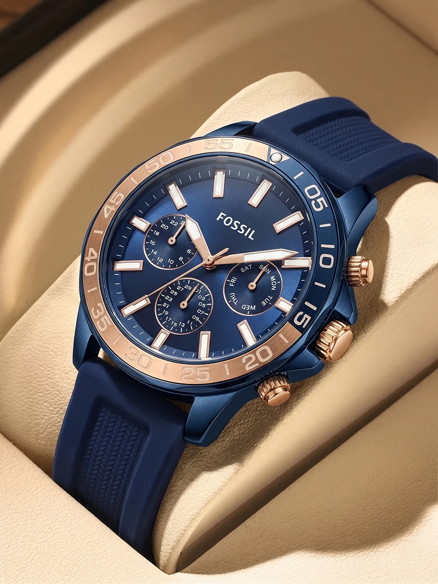 Fossil Men's Sport Chronograph Watch Blue Silicone Strap Rose Gold Bezel Multifunction Quartz Day Date Display Gift For Friend