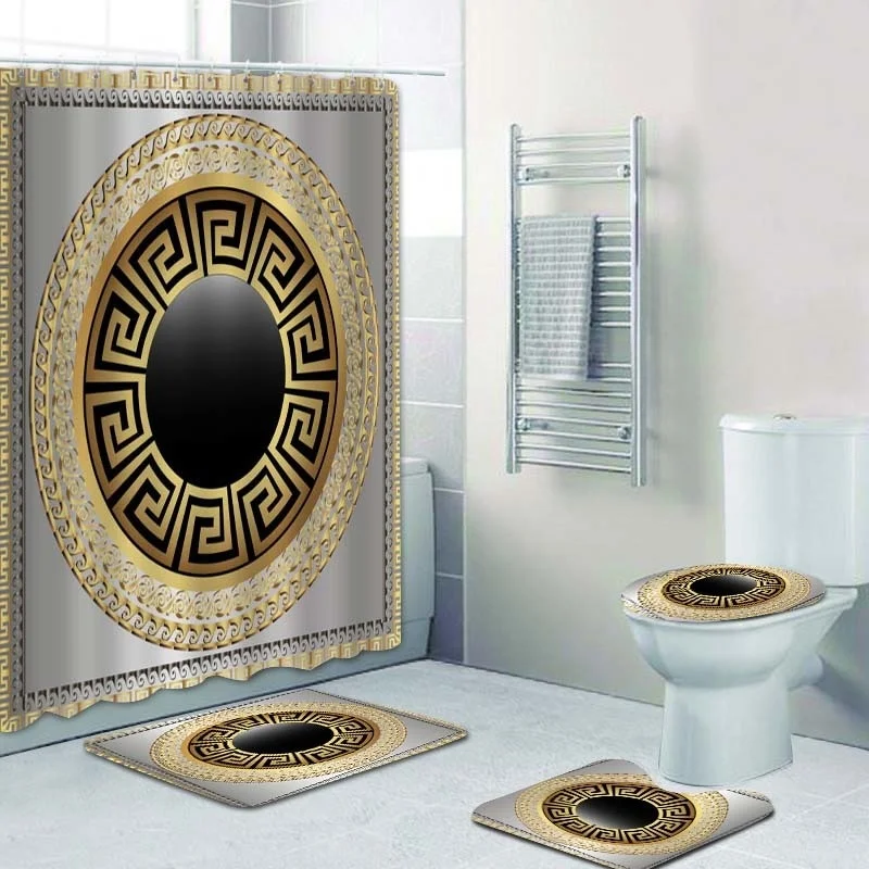 3D Luxury Black Gold Greek Key Meander Baroque Bathroom Curtains Shower Curtain Set for Bathroom Modern Geometric Bath Rug Decor