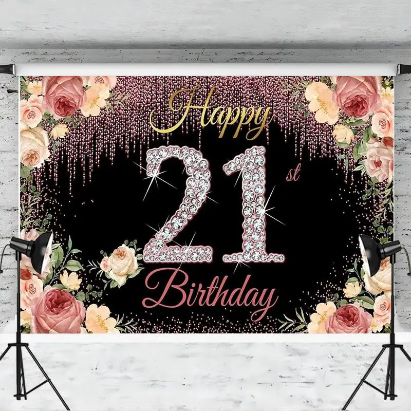 Happy 21st Birthday Banner Backdrop Gold Floral 21 Year Old Party Sign Background Decorations Supplies Photo Booth Studio Props