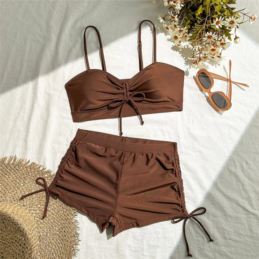 Geknitterte, geknotete Shorts, Bikini mit hoher Taille, Damen-Badeanzug, zweiteiliges Bikini-Set, Badebekleidung, Badeanzug, Schwimmanzug V6197 – Detail 17