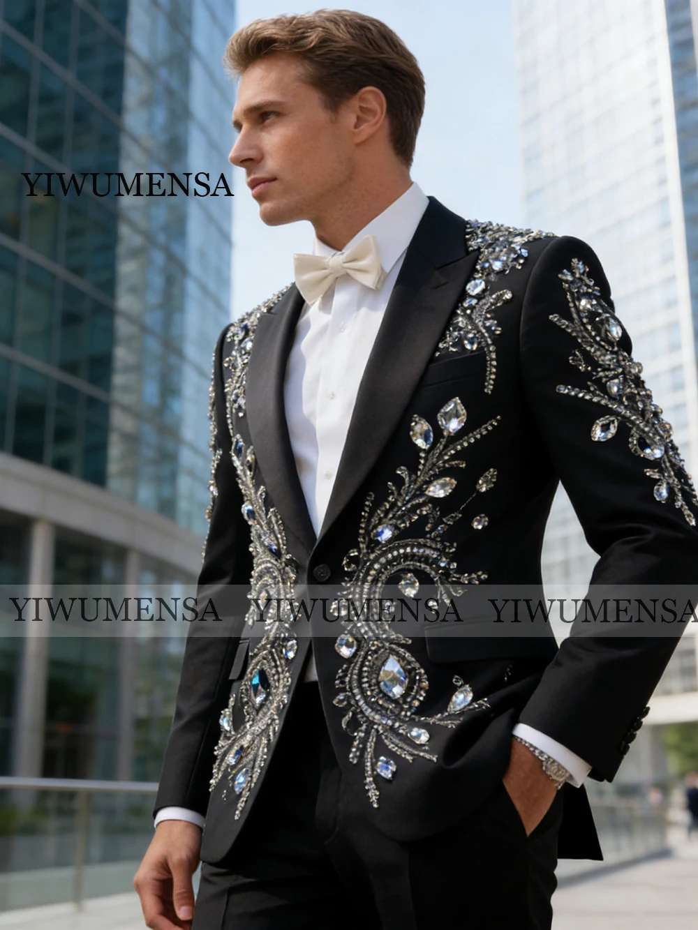 

Brilliant Jewelry Stones Suits Men For Wedding Single Breasted Jacket Pants 2 Piece Set Groom Formal Party Tuxedos Attire Luxury
