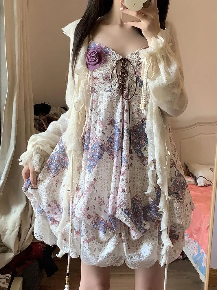 Nowa Letnia Słodka Kawaii Damska Sukienka Vintage Japońska Dziewczęca Styl Y2K na Imprezę Plażową Kwiatowy Wzór Codzienna Lekka Odzież