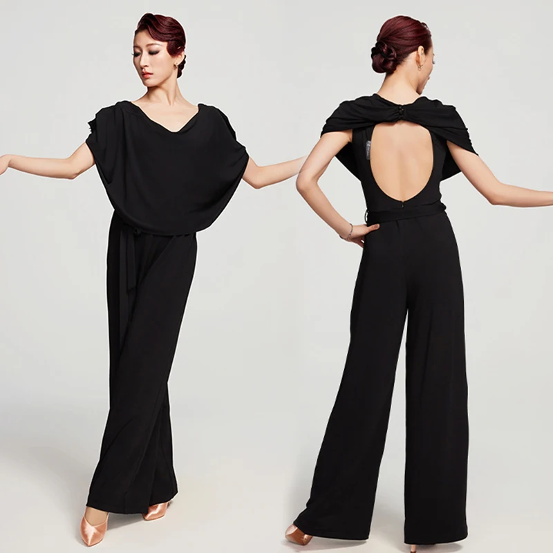 Latin Ballroom Dance เสื้อผ้าผู้หญิงสีดําผู้ใหญ่กางเกง Waltz Dance Performance การแข่งขันสวมใส่ BL16509