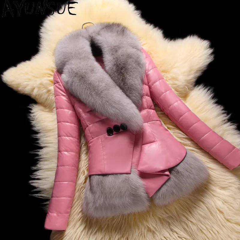 Ayunsue jaquetas de couro genuíno para as mulheres jaqueta de inverno puffer para baixo casacos de pele de raposa gola fina casaco de pele de carneiro manteau femme