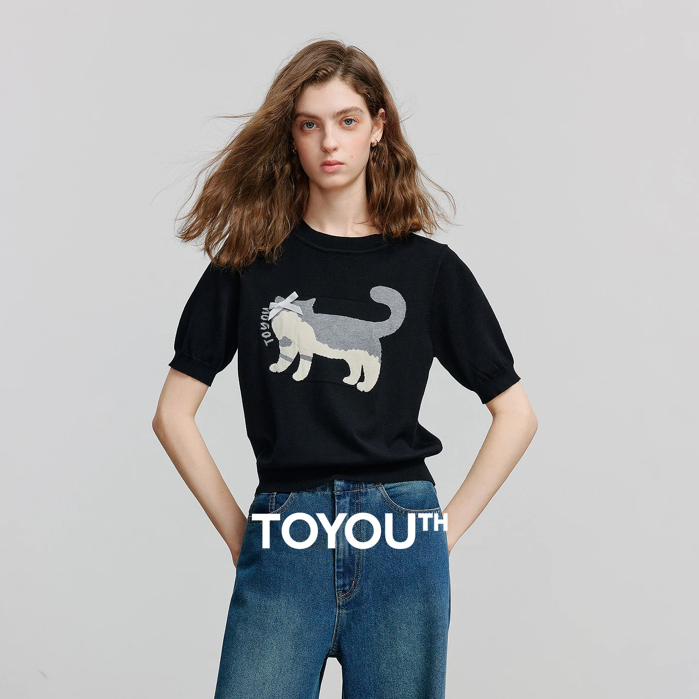 TOYOUTH Women Knitwear 2026 Summer New Bow Cat Jacquard Elegant Crew Neck Age Reducing Blouse Tops